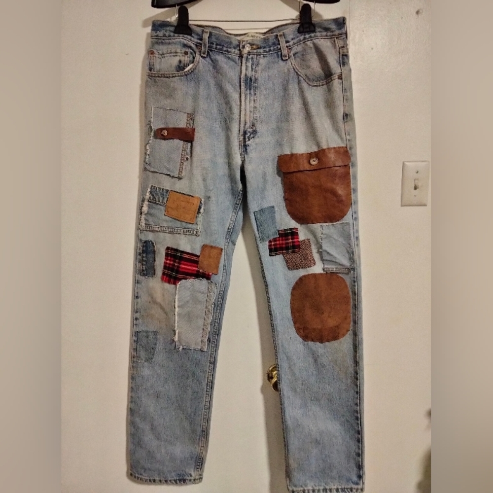 Custom Made vintage Levi's denim,leather,suede and wool straight leg jeans 36x34